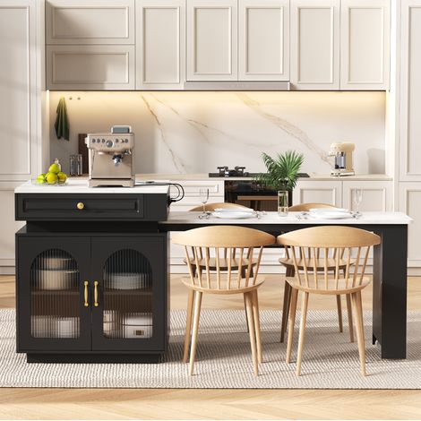Mesa de comedor extensible 128-200x71 cm con almacenamiento y LED, tablero de MDF y vidrio, color negro (1/5)