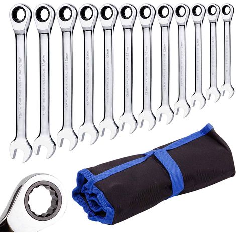 Jeu de 12 clés mixtes à cliquet de 8 mm à 19 mm avec sac enroulable, pour la maison, le vélo, la réparation de voiture (1/5)