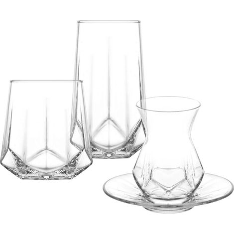 Lot de 24 verres pour 6 personnes Set complet moderne avec 12 verres (long drink et tumbler) + 6 verres à thé turcs et soucoupes Design géométrique élégant Visages (1/5)