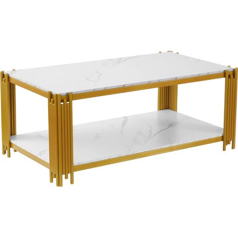 Table basse rectangulaire blanche avec plateau effet marbre et pieds métal doré ou noir - 114 x 64 x 46 cm (1/5)
