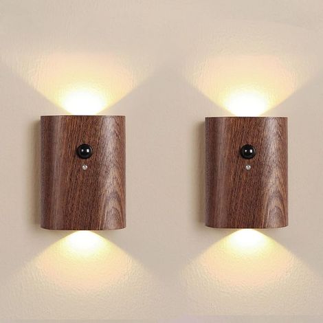 Lot de 2 veilleuses intelligentes pour escalier - Lampes d'escalier rechargeables avec détecteur de mouvement, LED blanc chaud 2700K, finition bois de noyer, idéales pour les couloirs et les chambres. (1/5)