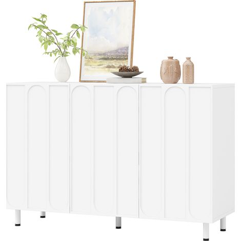 Mobliva Buffet/Meuble à chaussures 2 en 1 en panneaux de particules et MDF, 3 portes, moulures arquées verticales, étagères réglables, 5 pieds tubulaires en métal, charnières à fermeture douce (1/5)