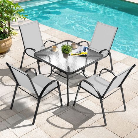 Avestar 5-teiliges Garten-Esssets, Gartenmöbel Set, Essgruppe, Esstisch mit 4 stapelbaren Stühlen, Metall Gartentisch und Gartenstühle, Grau und Schwarz