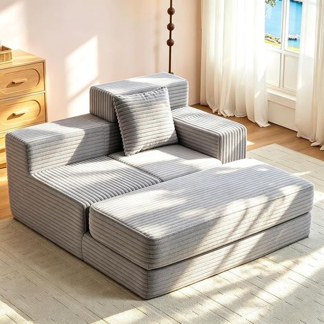 Großes klappbares Sofa 2-in-1 Wumagin, 1-Sitzer, Cordvelours, mit Schlaf Funktion, 135x152x80 cm, für Wohnzimmer & Schlafzimmer, Grau (1/5)