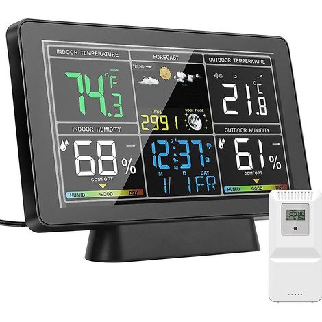 Wetterstation mit kabellosem Innen-/Außenthermometer, Temperatur- und Feuchtigkeitsanzeige, 7,5-Zoll-Farbdisplay