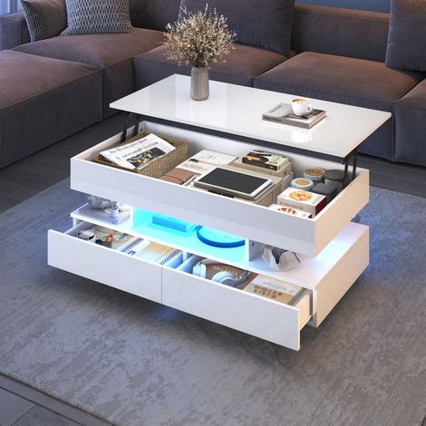 Table basse relevable 100 x 50 x 45 cm blanc brillant, avec éclairage LED et rangement – hauteur réglable jusqu'à 58,5 cm, pour salon (1/5)