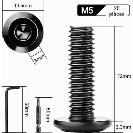 Vis M5 Tete Plate Noire Boulon M5x12 mm Vis Inox A2 V2A Hexagonales Boulon Noir Convient aux Machines et Manuelles Clés Allen et Drill Bit (1/4)