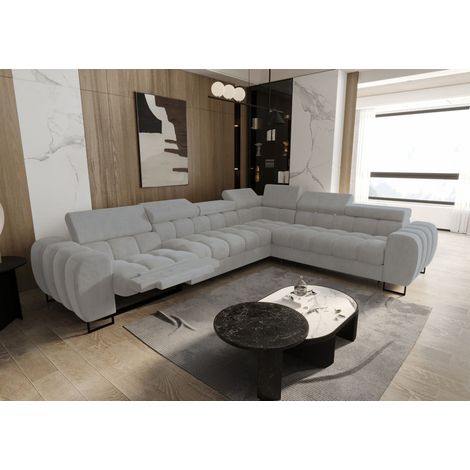 Ecksofa Schlafsofa BASTIEN RELAX in Stoff Terra Hellgrau Ottomane Rechts