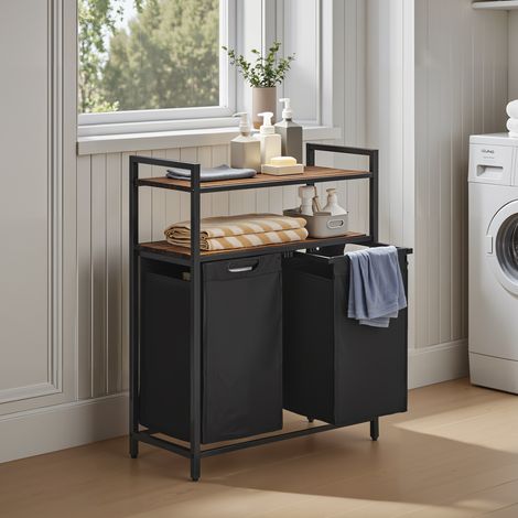 Panier à Linge, Trieur de Linge avec 2 Sacs Amovibles, 2 Étagères, Capacité de 92L, pour la Buanderie, Marron et Noir (1/5)