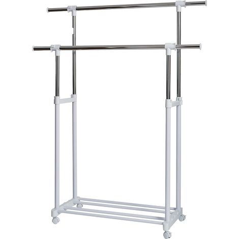 Porte manteau sur roulettes - 2 barres de penderie réglables - rangement pour chaussures - hauteur et largeur réglables - blanc/chrome