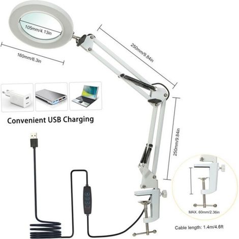 Lampe de table flexible à pince loupe 8x Bras pivotant LED Lampe de bureau 3 modes de couleur 10 niveaux de luminosité Lecture (1/4)