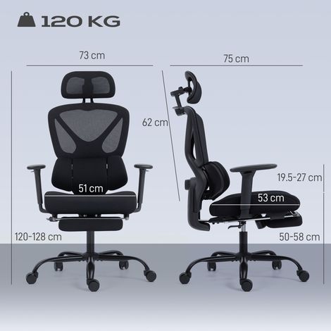 Chaise de bureau ergonomique et respirante avec soutien lombaire dynamique et repose-pieds, 73 x 75 x 120-128 cm, noire (1/5)