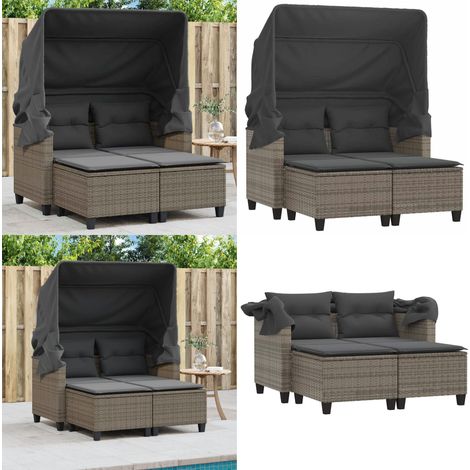 Gartensofa 2-Sitzer mit Dach und Hockern Grau Poly Rattan - Gartensofa - Outdoor Möbel - Gartenmöbel - Rattan Gartenmöbel - Lounge Set - Home & Living (1/5)