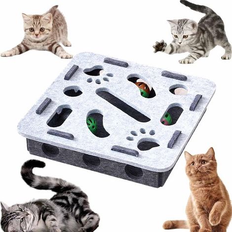 Juguetes para gatos, Combate el aburrimiento, Gatitos y gatos, Laberinto, Caja de fieltro con agujeros, Pelota con cascabeles, Gris, 3 cascabeles (1/4)