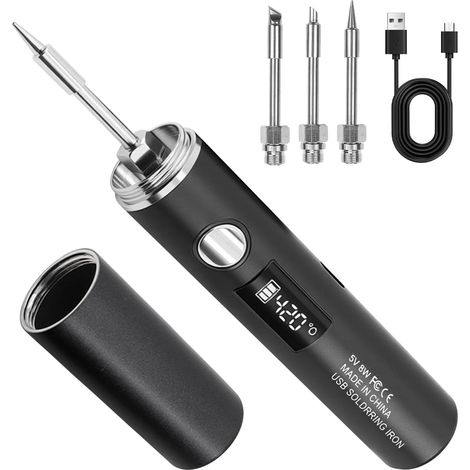 Kit saldatore ricaricabile, kit saldatore USB con schermo LCD, 5 temperature regolabili da 260℃ a 420℃, 3 punte per saldatore, supporto per saldatore ricaricabile, filo di stagno