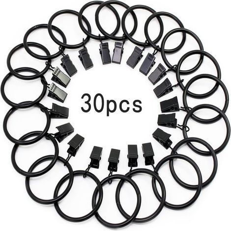 Curtain rings with clips - Stainless steel rings - Rust-resistant and durable - Suitable for curtain rods - 32mm inner diameter - Indoor use - Black - Ø32mm - 30 pieces per pack (1/2)