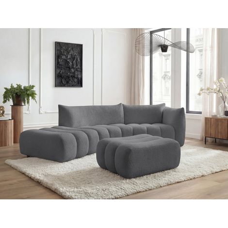 BOBOCHIC - Canapé incurvé fixe 4 places AZRA tissu bouclette avec pouf Angle droit  Gris foncé