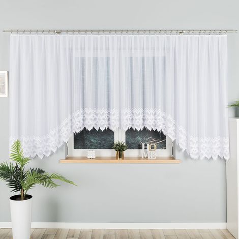 Cortina confeccionada Felicja con bajo asimétrico, jacquard, blanca, con estampado en la parte inferior, 600x160 cm. (1/5)