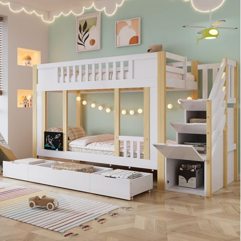 Letto a castello bambini 90x200 cm con scala contenitore, 3 cassetti, lavagna, senza materasso, bianco (1/5)