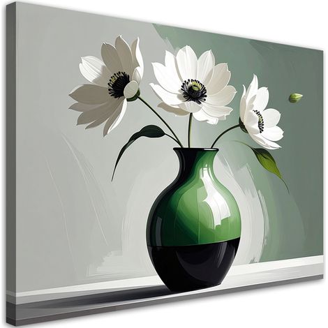 Quadro su tela, Fiori bianchi in un vaso di ceramica verde. - 45x30 (1/2)