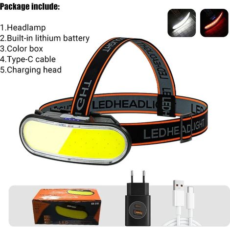 Lampe frontale LED COB KX-310 (avec prise européenne), projecteur rechargeable USB, étanche, idéale pour le camping, la randonnée, la pêche et la chasse. (1/5)