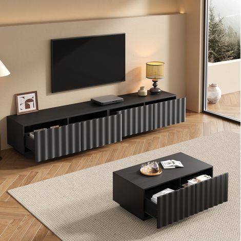 Ensemble meuble TV 200 cm avec table basse 100 cm, façades ondulées, ensemble de meubles de salon, MDF noir (1/5)