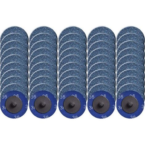 Pack de 50 meules à changement rapide, 50 mm, meule à verrouillage de type rouleau, revêtue de zircone, pour le traitement de surface (grain 36). (1/5)