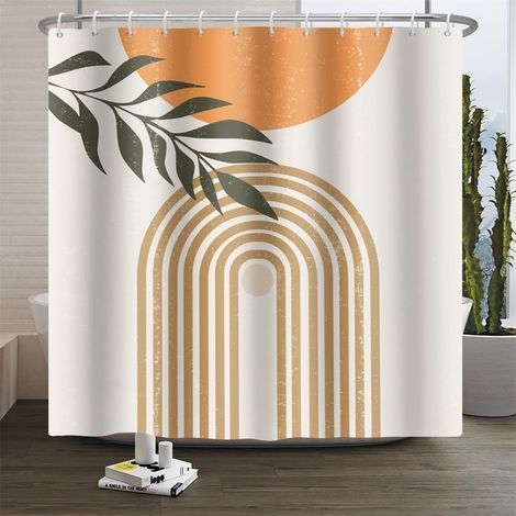 Rideau de Douche Bohème Art Abstrait Moderne Feuilles Soleil Lignes Beige Rideau de Salle de Bain Minimaliste Moderne Milieu du Siècle Esthétique Rideau de Douche Lavable 150x200cm (1/5)
