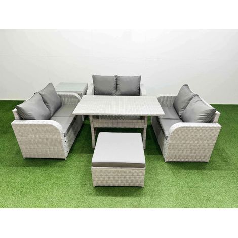 Fimous 7 Seater PE Wicker Rattan Furniture Sofa Sets with Rectangular Dining Table 2 Seater Love Sofa Big Footstool Side Table Light Grey (1/4)