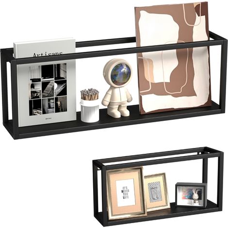 Lot de 2 étagères murales en acier robuste, fixation murale facile à installer, capacité de charge 15 kg par étagère, design moderne couleur noire, parfait pour rangement et décoration intérieure (1/5)