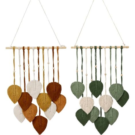 Décoration Murale, 2PCS Tapisserie Faite Main Décoration Bohème Tenture Murale TisséE Décoration Murale Feuille Plumes Avec Perles En Bois Et 10 Feuilles Vertes Tapisserie Pour Salon Chambre,(Marron + (1/5)