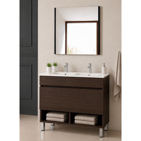 Meuble de salle de bain avec pieds avec vasque extra-plat ORIGENBATH NEBARI sur pieds avec tiroir sans miroir 120x45 cm double vasque frêne tea (1/5)
