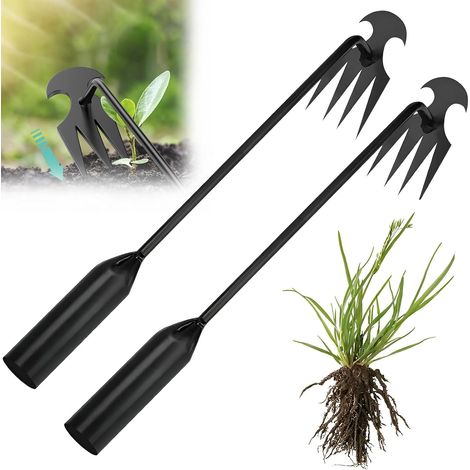 Lot de 2 désherbeurs manuels 15,7 pouces, 4 dents en acier manganèse forgé, portable, idéal pour arracher les mauvaises herbes. (1/5)