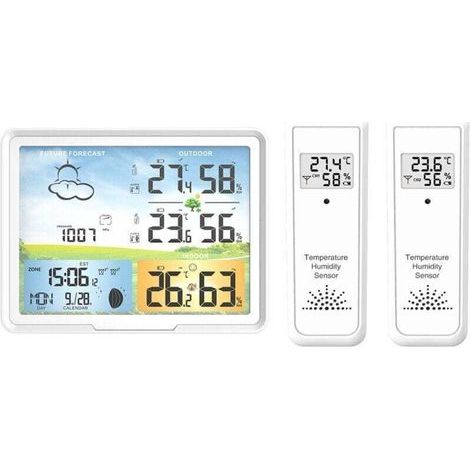 Funkwetterstation mit 2 Außensensoren, Innen- und Außenwecker, drahtloser Temperatur- und Feuchtigkeits-Wetterstation mit Farbdisplay für das Wohnzimmer (1/5)