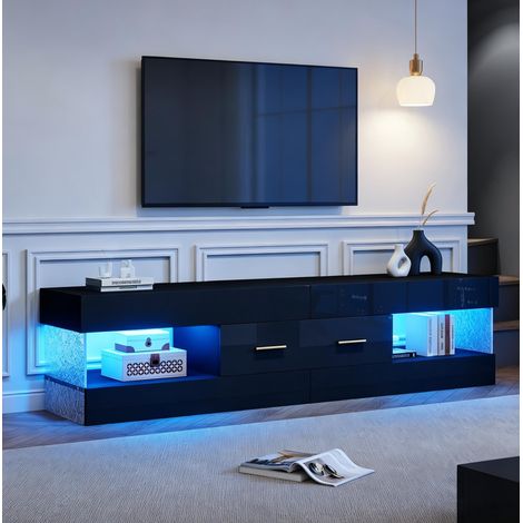 Meuble TV noir brillant LED avec 2 tiroirs et 4 niches, rangement moderne, 152 x 35 x 40 cm (1/5)