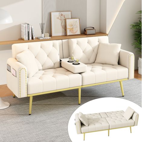 Schlafsofa mit Liegefunktion 2-Sitzer Samt Beige OKMYHOME (1/5)