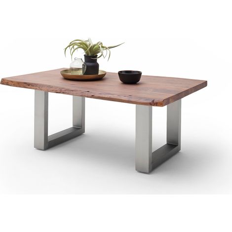 Table basse en acacia brun et acier chromé avec pietement en U (1/4)