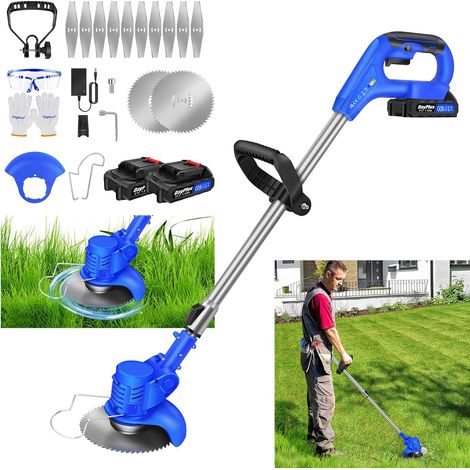Debroussailleuse Electrique sans Fil 21V Coupe Bordure sans Fil avec 2 Batterie et Chargeur, Coupe-Herbe électrique de Jardin avec Lames en Métal, pour la Coupe de Jardin Pelouses et Terres Agricoles