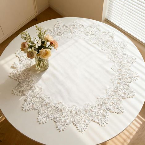 Runde Tischdecke 60 cm Beige mit Blumenmuster, Jacquard-Stickerei, Landhausstil