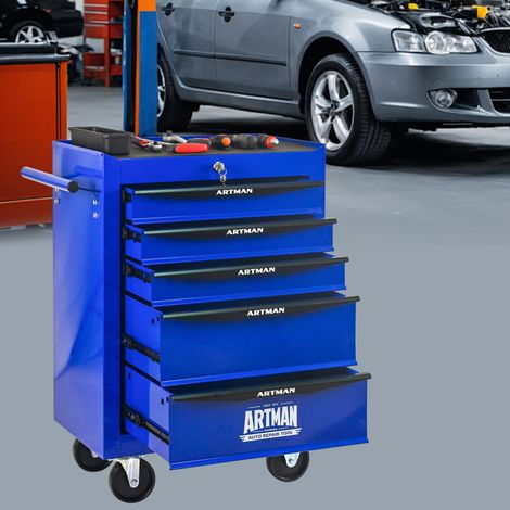 Chariot d'atelier 52,5x33x77,5 cm en acier noir et bleu, 5 tiroirs, pour garage – MEUBLIV (1/5)