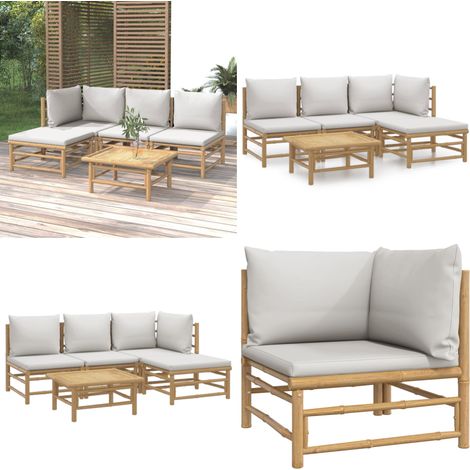 Set de muebles de jardín 5 piezas bambú y cojines gris claro - Muebles de exterior - Sofás de jardín