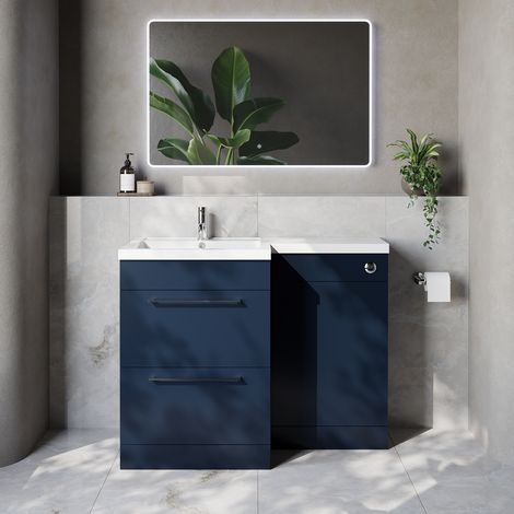 Napoli 460 Deep Blue 1100mm 2 Drawer Vanity Unit Toilet Suite with Left Hand Square Lucia Basin - 1100mm - Chrome 320mm HandleWithout Kingston Toilet Pan