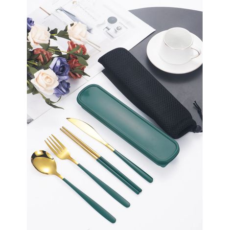 Couverts (verts et dorés) : couteau, fourchette, cuillère, baguettes, avec boîte (1/5)