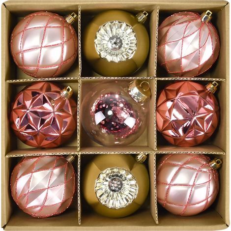 Palline per albero di Natale con pendenti, infrangibili, decorative, oro, rosa, 8 cm, 9 pezzi. (1/5)