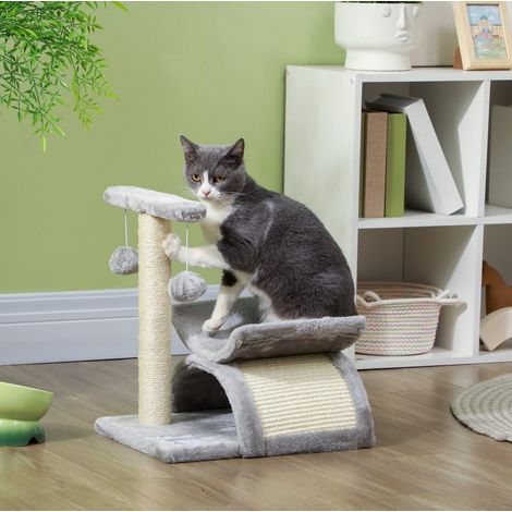 Árbol para gatos de sisal y peluche gris claro, con túnel y apoyo en U, para rascar, jugar y descansar, 40 x 30 x 43 cm (1/5)