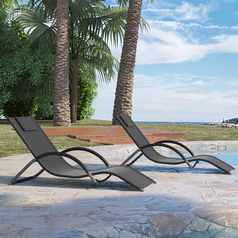 Chaise longue 2 parties terrasse, cadre métallique courbé, imperméable avec appuie-tête. Charge 160 kg, 160x62x65 cm, pour jardin et bord de piscine (1/5)