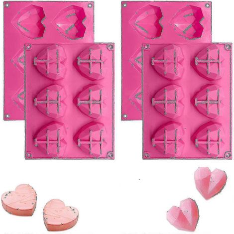Lot de 2 moules en silicone à 6 cavités en forme de cœur/diamant, moule à gâteau mousse 3D pour bombes au chocolat chaud, pâtisserie, fondant au chocolat, mariage, fiançailles, Saint-Valentin (1/4)
