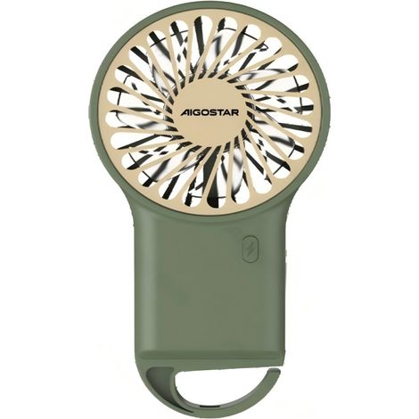 Ventilateur portable Aigostar vert mini, 3,2 pouces avec 7 pales, 3 vitesses et batterie 500 mAh rechargeable.