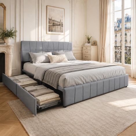 Letto matrimoniale 160x200 cm con 4 cassetti contenitore su ruote, testiera imbottita regolabile, morbido velluto, rete a doghe, Grigio (1/5)