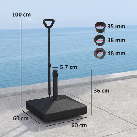 Support parasol noir remplissable 55kg avec roues et poignée,adapté parasol Ø35/38/48cm,stable pour balcon,terrasse et jardin.